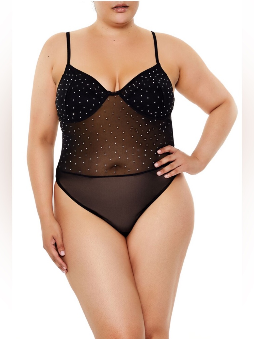 Plus Size Sheer Rhinestone Bodysuit